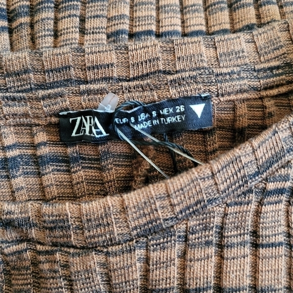 New Zara Ribbed Cut Out Cold Shoulder Long Sleeve Brown/Black Midi Dress Small - Picture 13 of 15